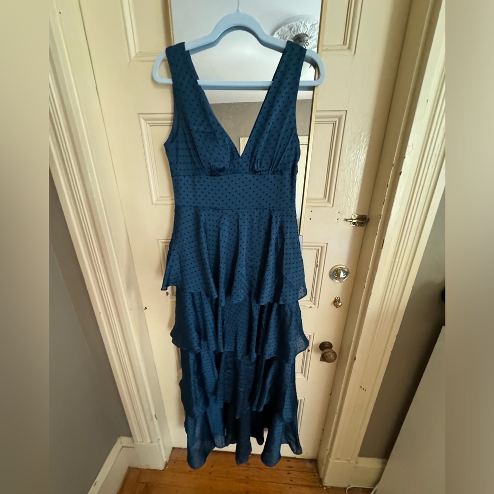 Navy black polka dot maxi gown dress tiered ruffles 6/8 Laundry by Shelli Segal